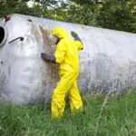 technician in uniform examining large stainless tank