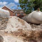 A Excuvator crawler digging a trench for an underground tank on a housing development in Hampshire, England, UK